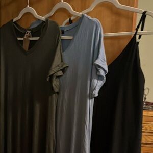 V-Neck Dresses in Black (tank top-lined), Olive Green, and Blue (t-shirt).
